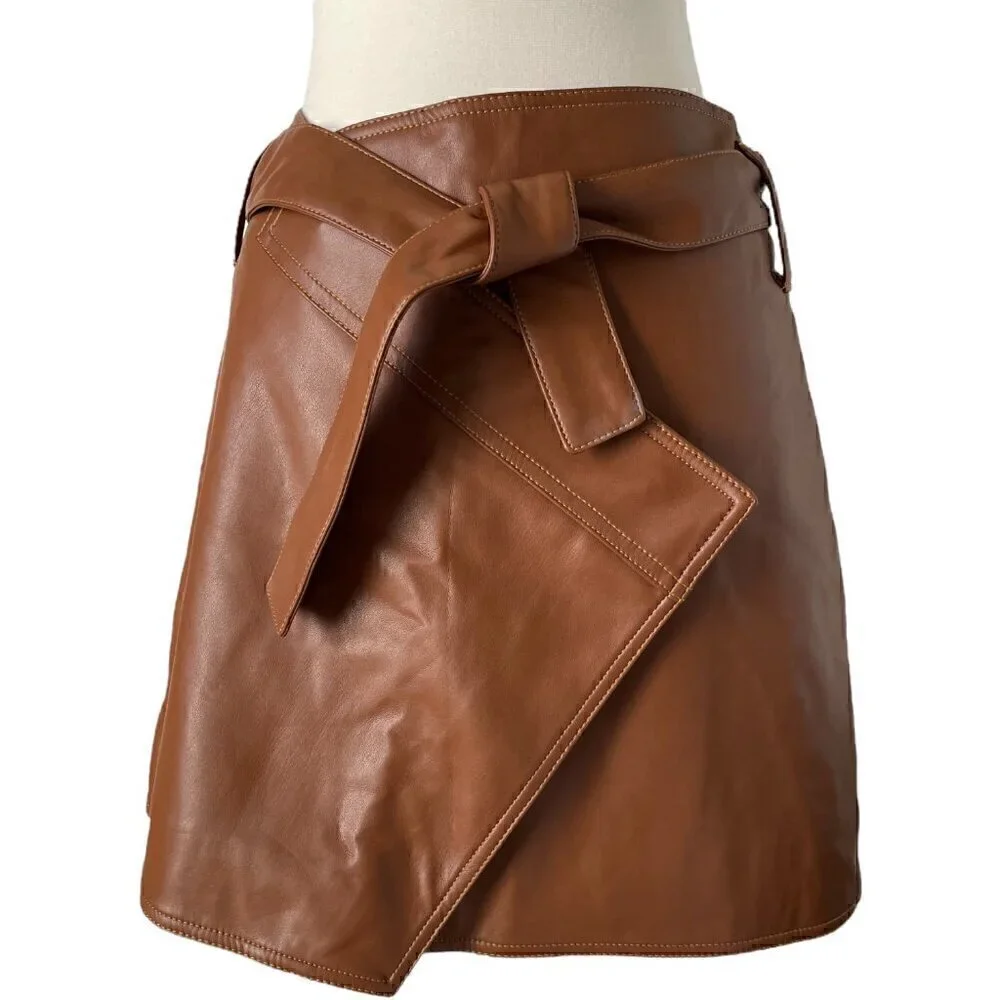Divine Heritage Faux Leather Wrap Mini Skirt S Brown Belted